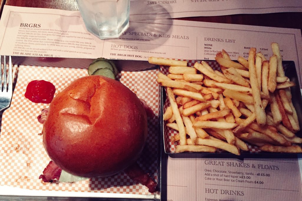 Avocado & Bacon burger with a side of crispy fries @ BRGR CO in Soho.